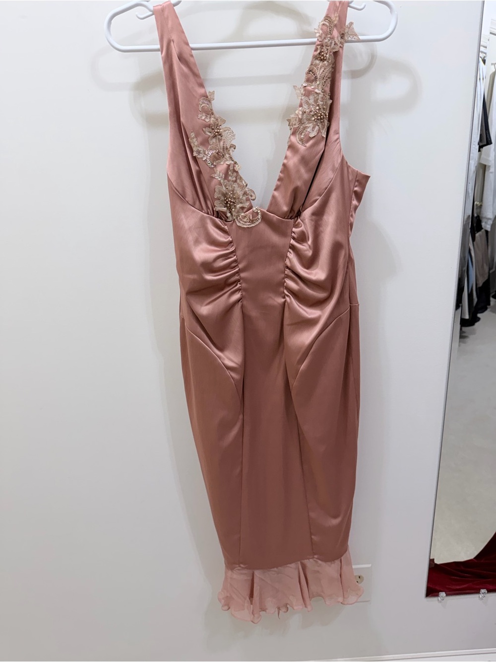 Satin Midi Dress in Dusty Rose with Lace Appliqué Size 4
